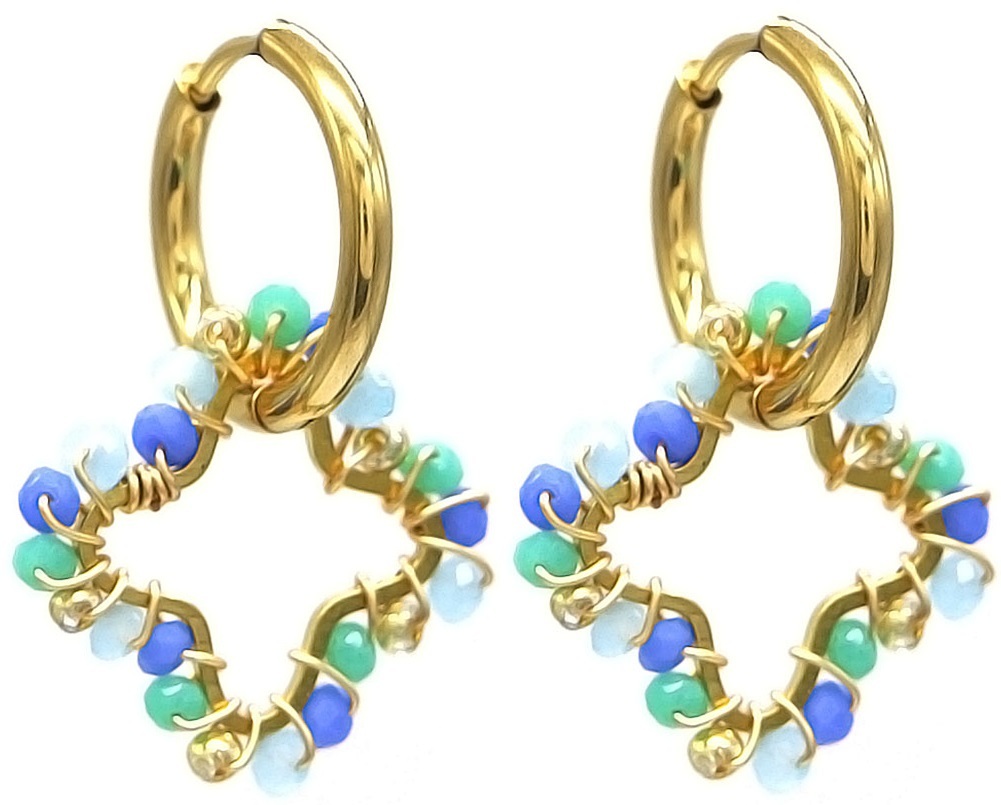 C-B4.1 E221-491 S. Steel Earrings Glassbeads Clover 2.6cm Blue