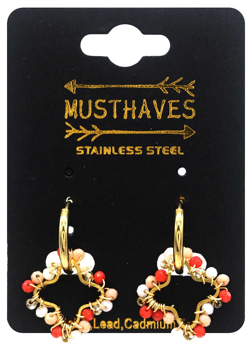 C-A4.1 E221-491 S. Steel Earrings Glassbeads Clover 2.6cm Orange