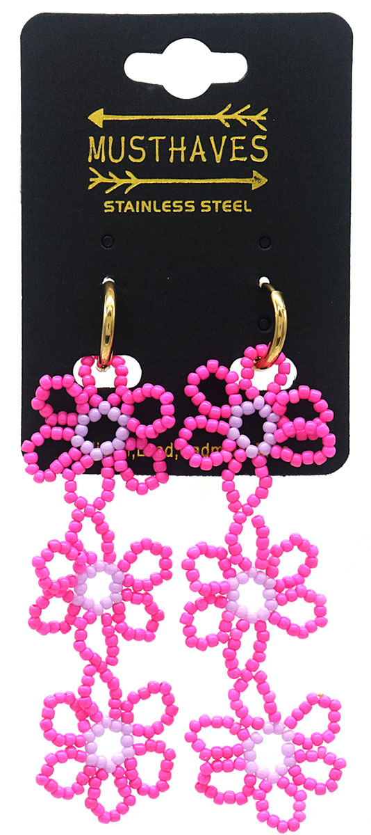 B-A16.2 E221-447 No.2 S. Steel Earrings Glass Flowers 8cm Fuchsia