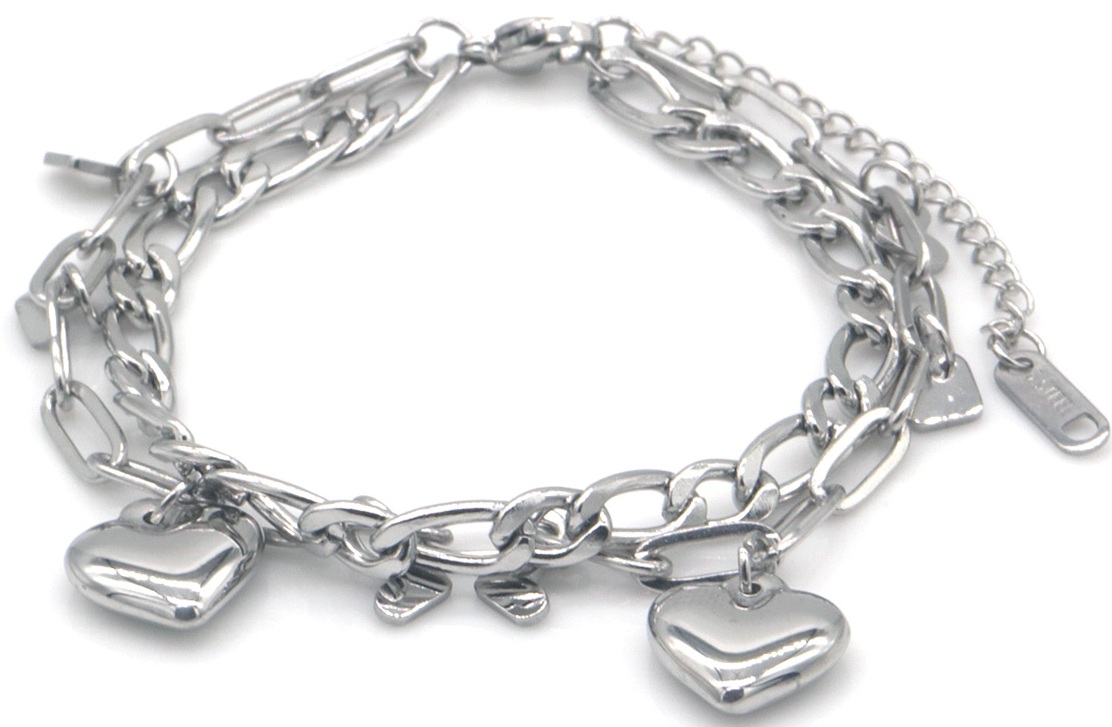 C-E17.1 B2567-051S S. Steel Braclet Layered Hearts 16-21cm