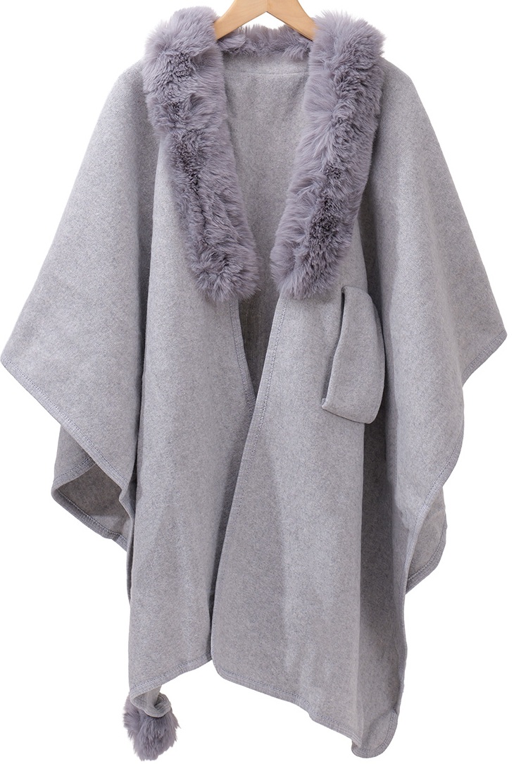 T-E4.1 SCARF1005-003-1 Luxury Poncho Faux Fur Grey