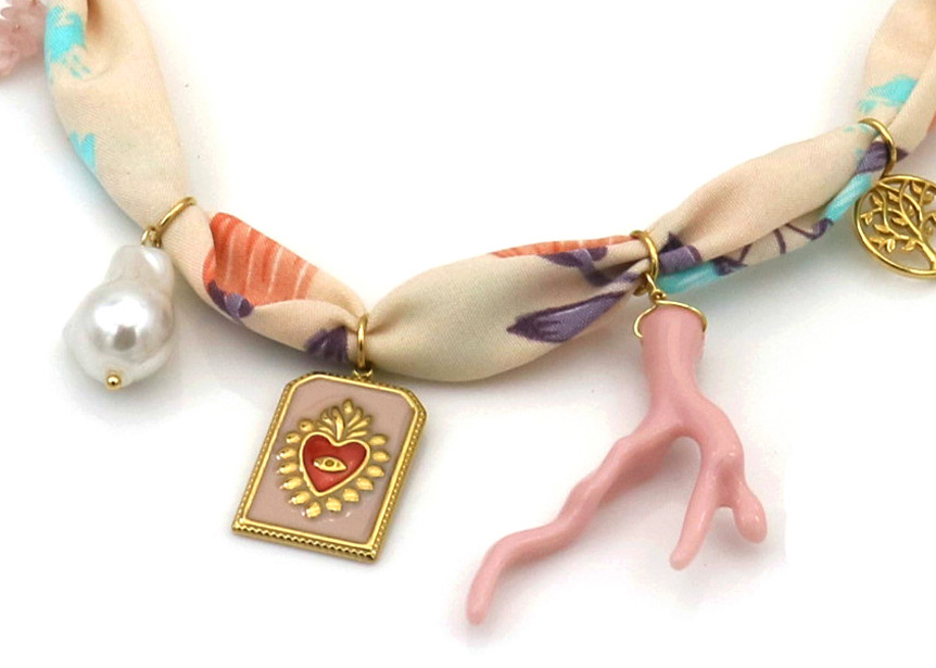 E-D21.2 N098-038 Fabric Necklace S. Steel Charms 40-45cm