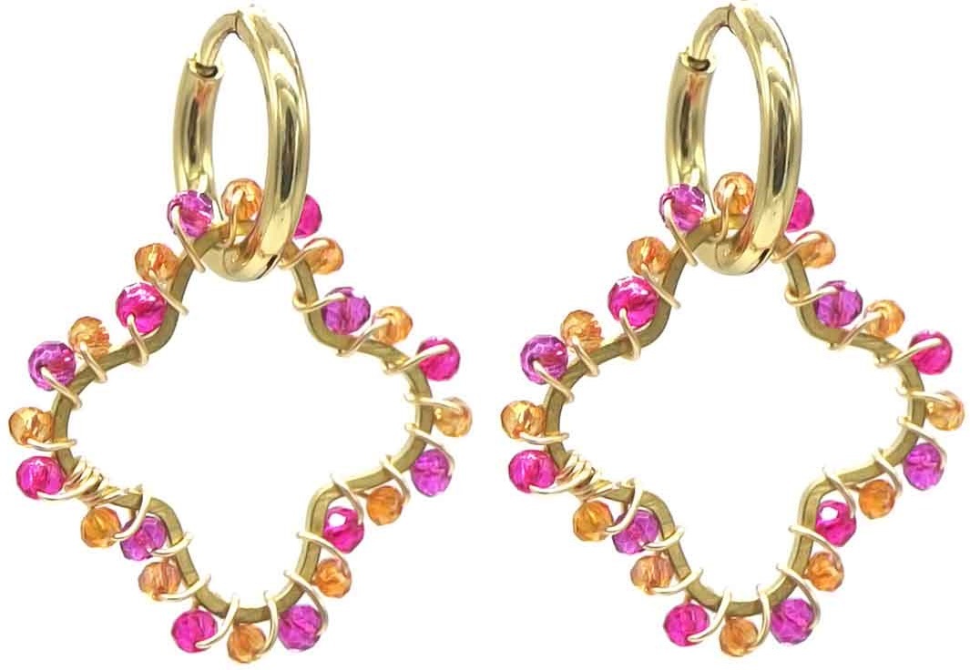 B-B7.1 E221-491 S. Steel Earrings Glassbeads Clover 3cm Orange-Pink