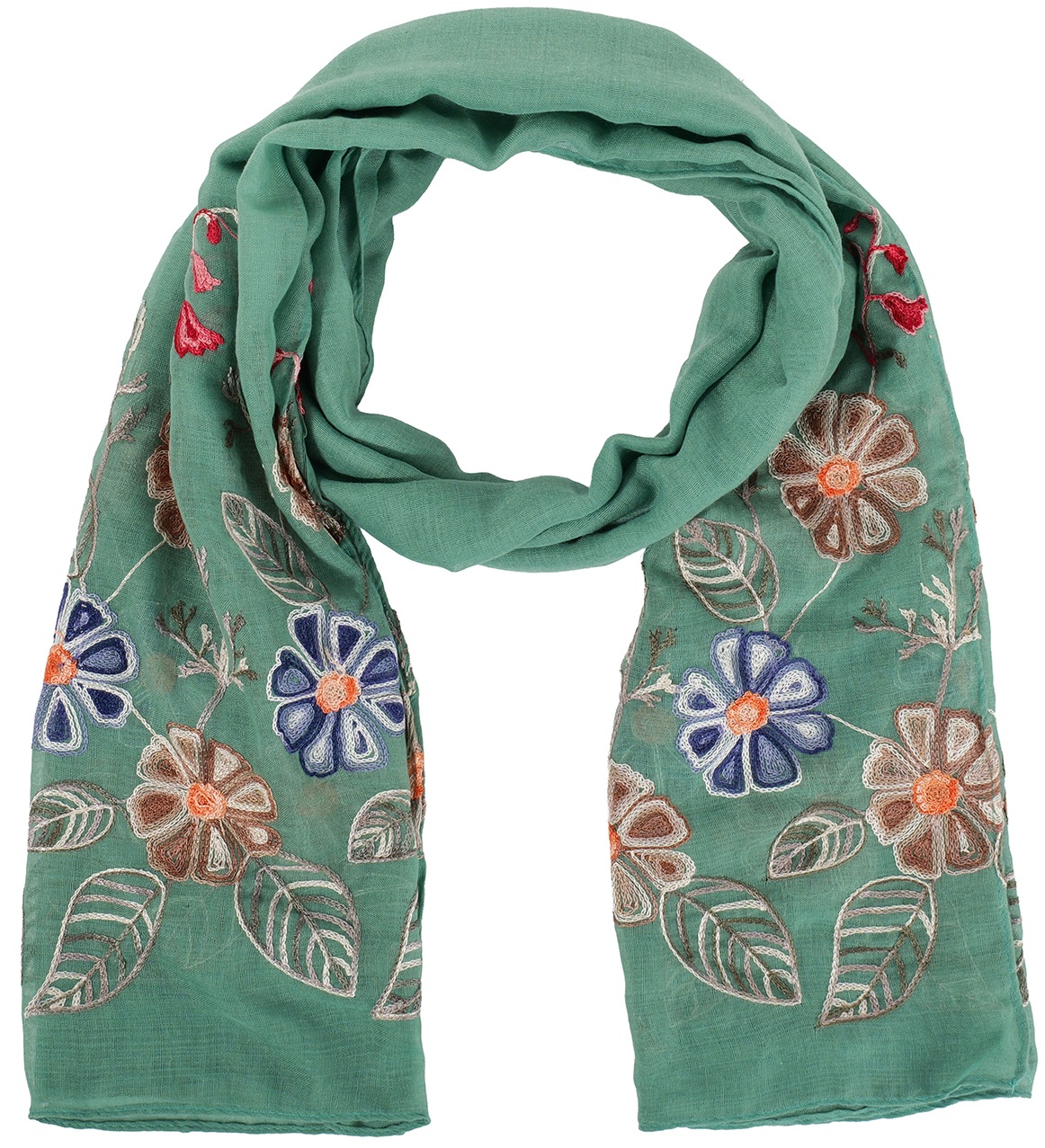 S-A4.2  SCARF1110-005-6 Summer Scarf Embroidered Flowers 180x70cm Green