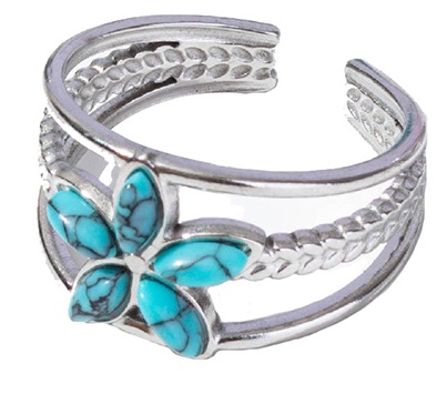 D-E17.3 R103-010S-3 S. Steel Ring Stones Flower Adjustable Turqoise