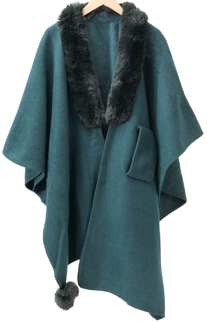 T-F8.1 SCARF1005-003-5 Luxury Poncho Faux Fur Green