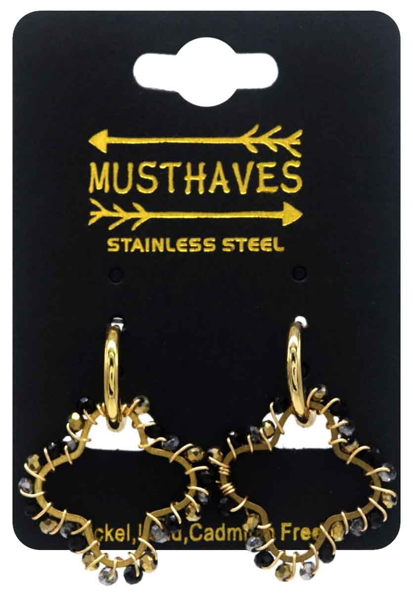 B-C5.2 E221-491 S. Steel Earrings Glassbeads Clover 3cm Black