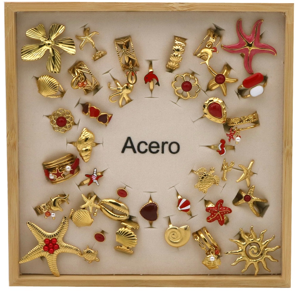 S-B7.5 R221-316-5 S. Steel Rings Adjustable in Display - 36pcs Red