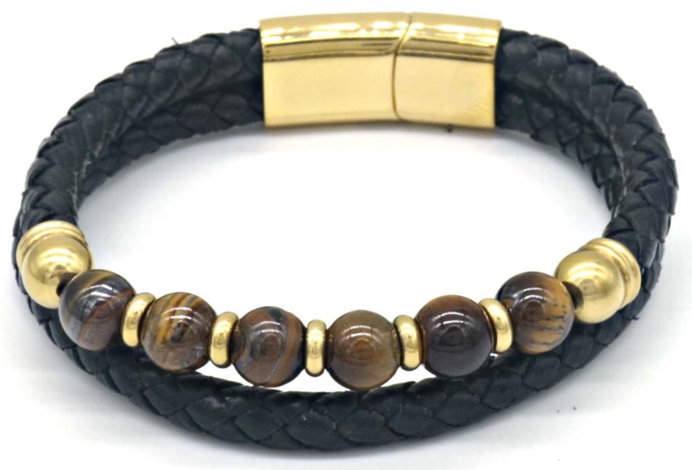 I-C5.3 B824-003 S. Steel Bracelet Leather with Stones 21cm