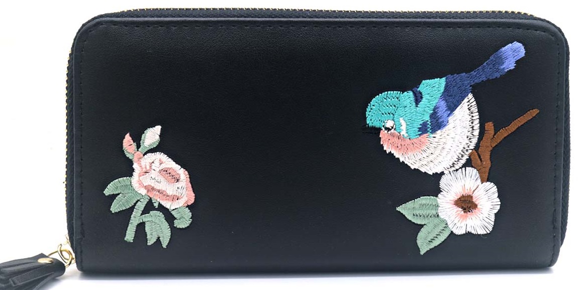 R-O7.1 W804-005-5 PU Embroidered Wallet 20x11x2.5cm Black