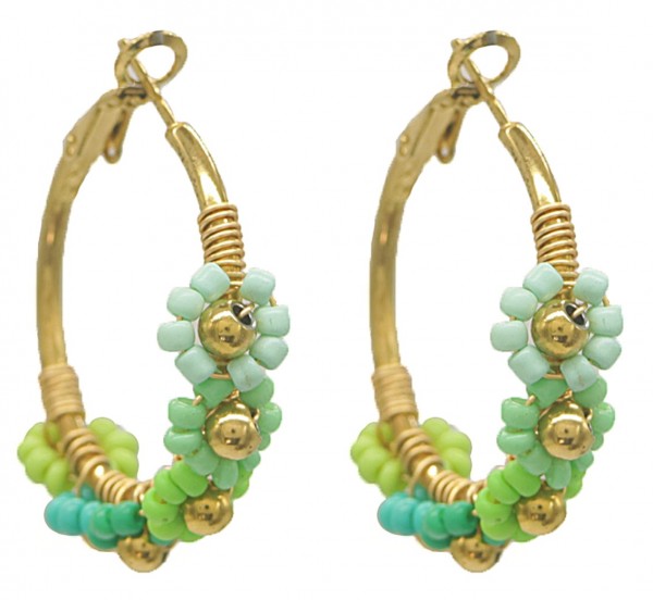 A-E3.2 E221-345 S. Steel Earrings Glassbeads Flowers 3.2cm Green
