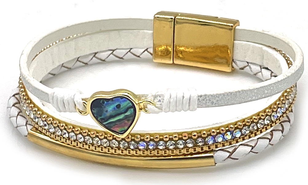 D-E18.5 B1138-003-1 Leather Bracelet Heart MOP 18x1.5cm White