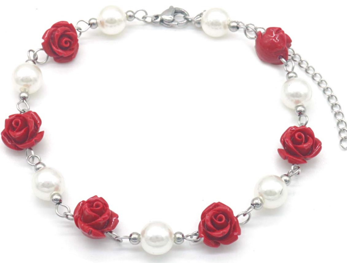 H-E8.3 ANK823-007S S. Steel Anklet Pearls - Flowers