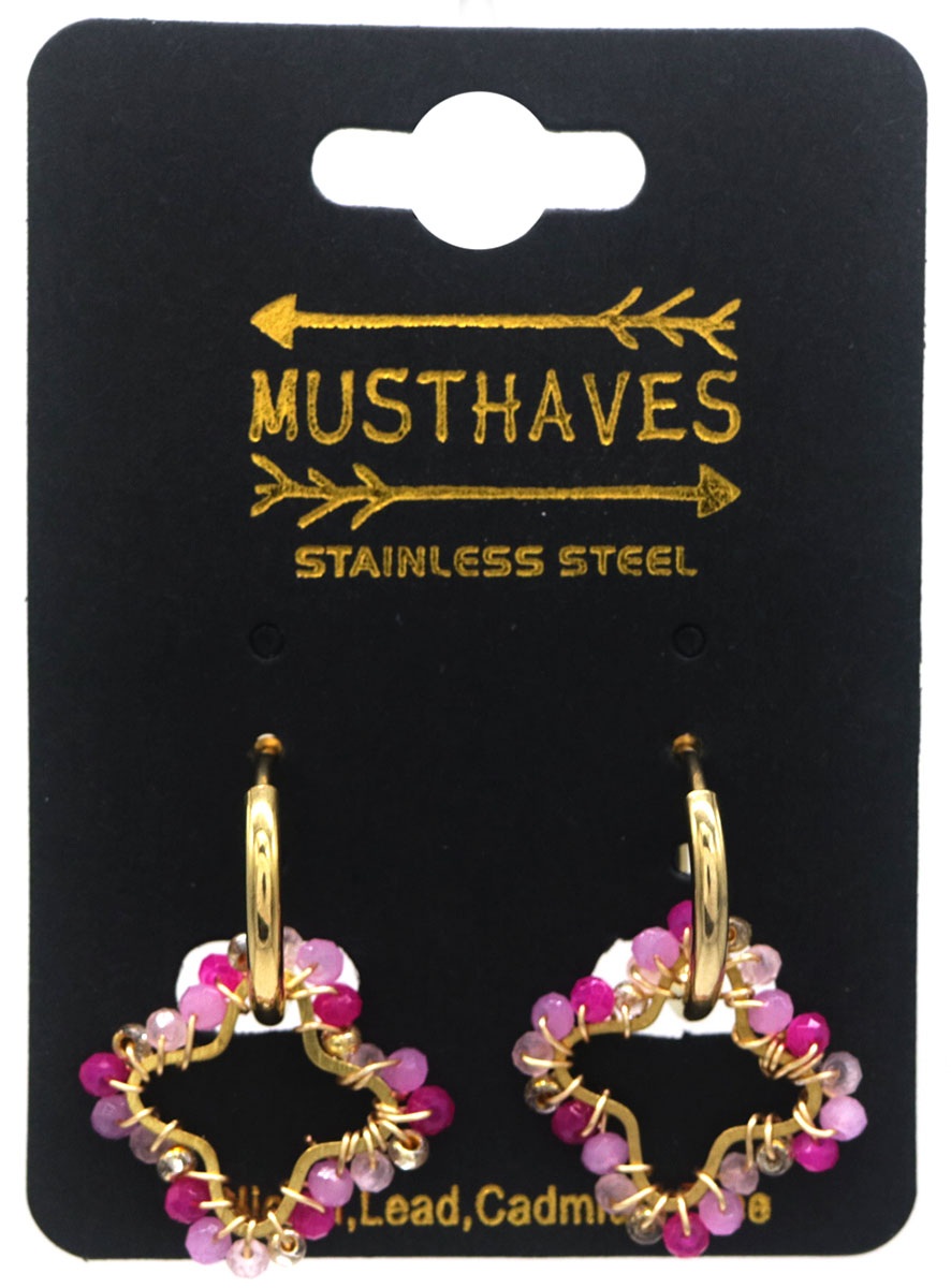 C-E7.3 E221-491 S. Steel Earrings Glassbeads Clover 2.6cm Purple