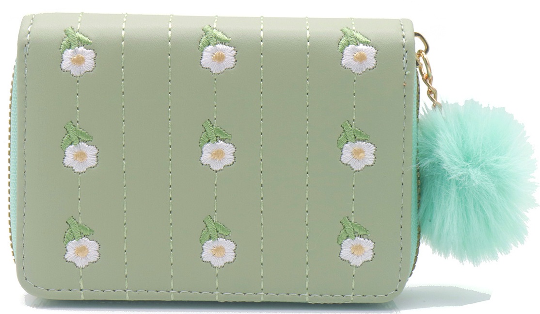 X-G3.1 WA009-019-4 PU Wallet Embroidered Flowers 12x9cm  - Green
