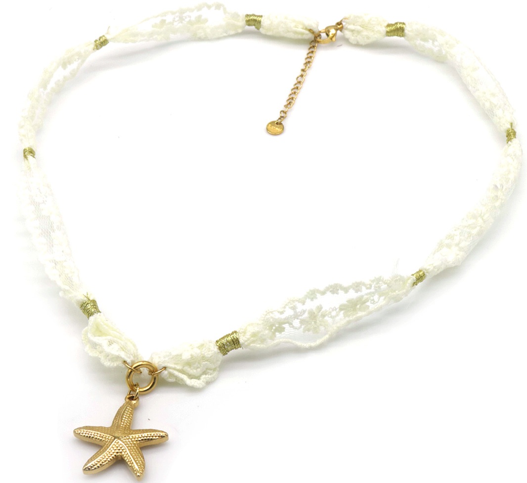 J-E2.1 N2524-005 S. Steel Fabric Necklace Starfish 50-55cm