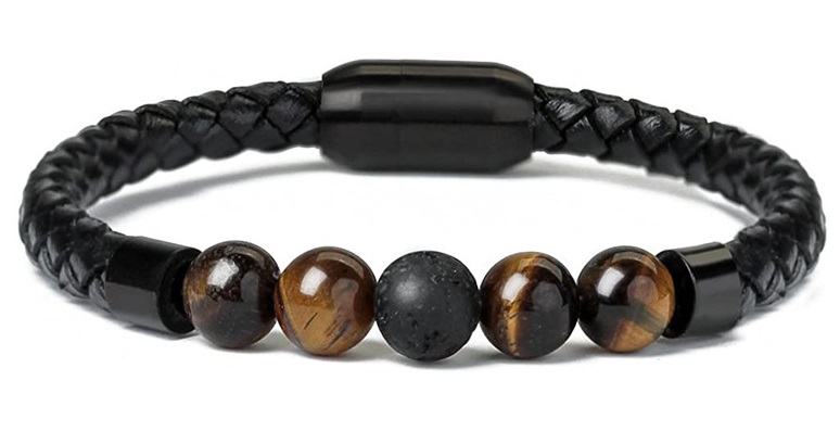 I-E5.3 B824-027-2 S. Steel - Leather - Stone Bracelet 21cm