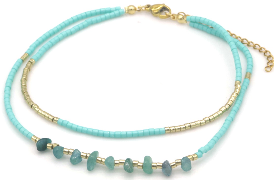 C-A14.2 ANK1034-001-2 Fashion Anklet Layered Glassbeads Blue