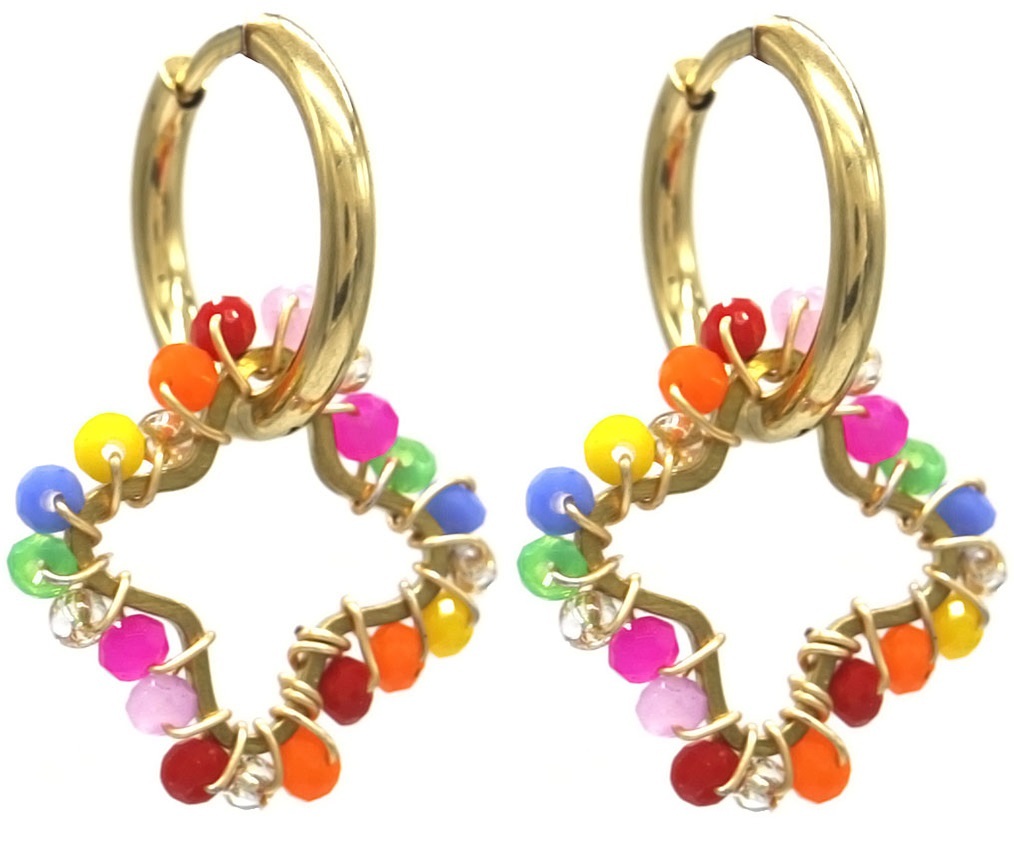 C-D3.2 E221-491 S. Steel Earrings Glassbeads Clover 2.6cm Multi