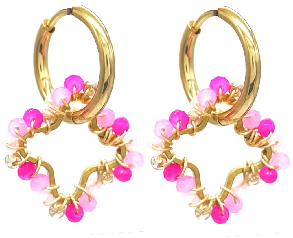 C-E7.3 E221-491 S. Steel Earrings Glassbeads Clover 2.6cm Purple