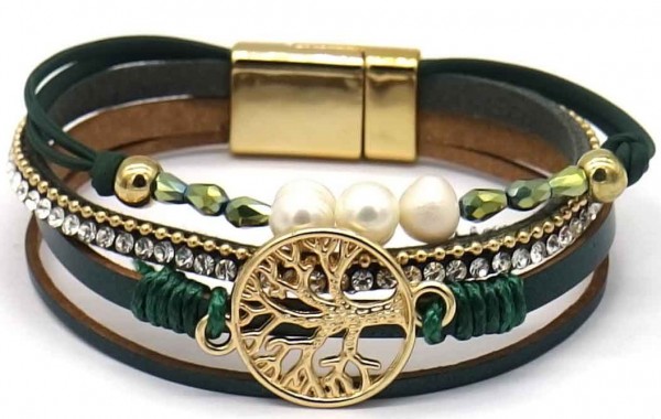 A-F7.3  B720-003 Leather Bracelet Tree of Life Green