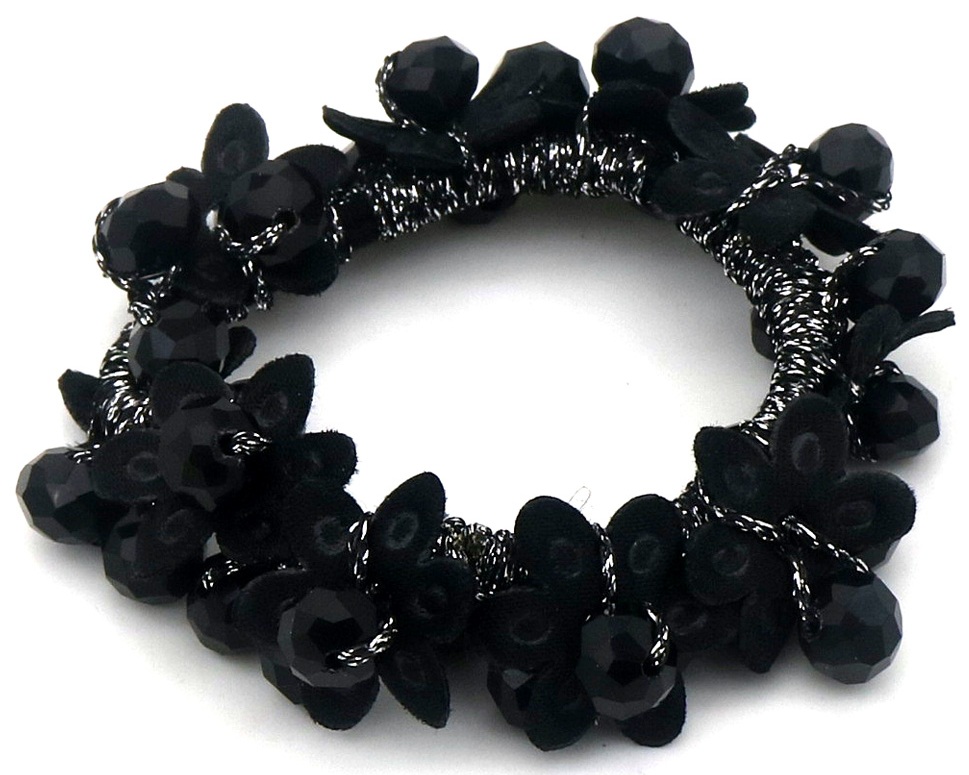 F-B22.1  H1128-002-1 Hair Elastic Glass Beads-Flowers  Black