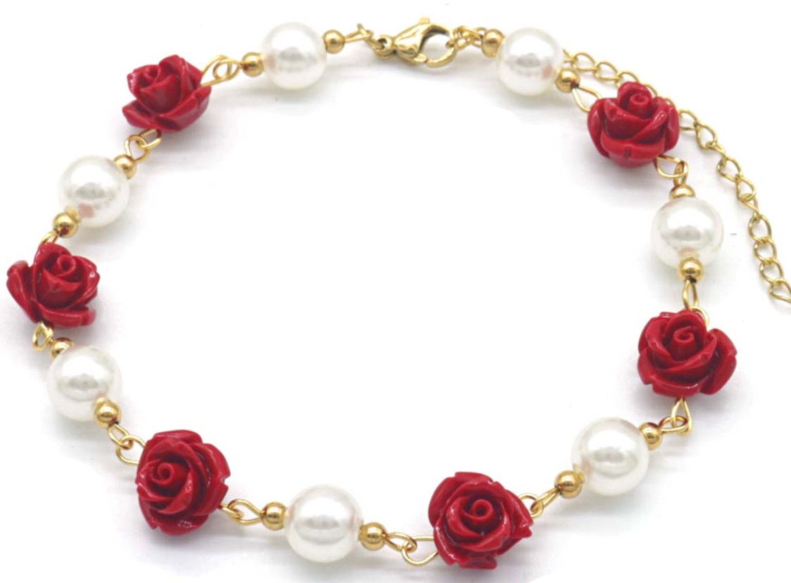 H-D8.1 ANK823-007G S. Steel Anklet Pearls - Flowers