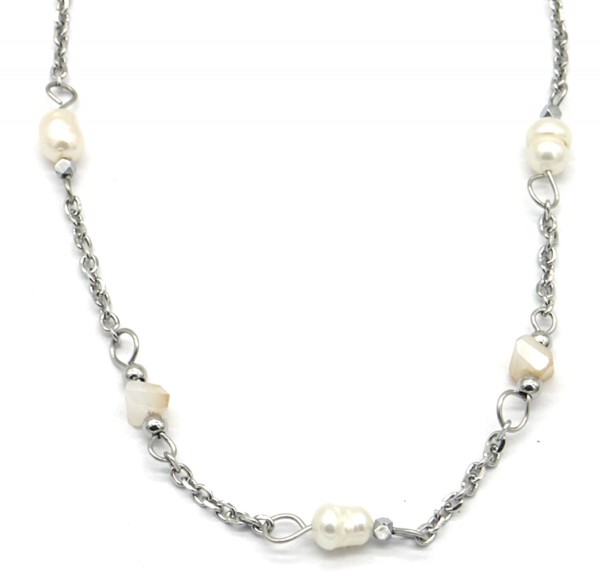 E-C2.3 NA221-102S S. Steel Neckalce Glass Beads -Freshwater 