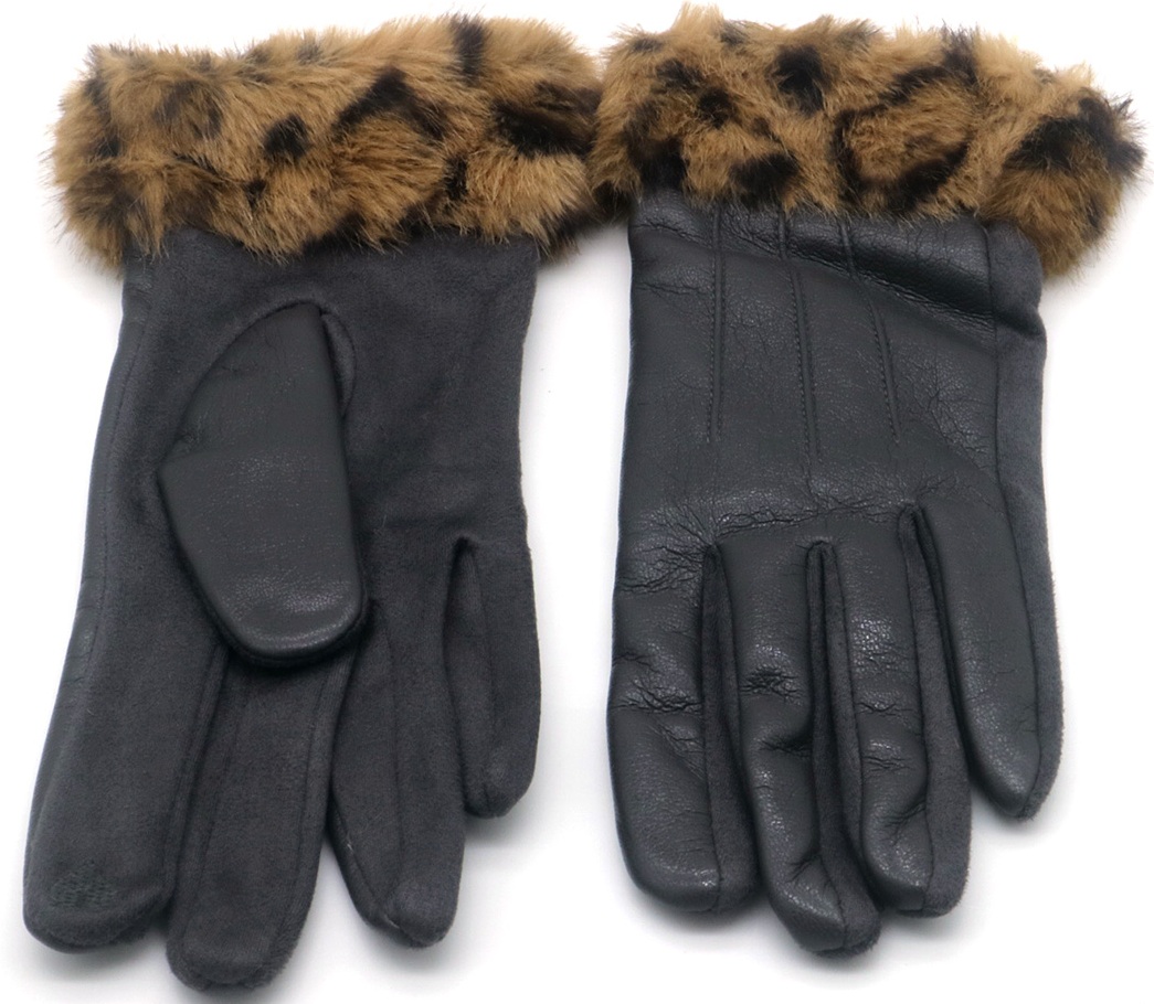 T-B2.2 GLOVES1002-008-3 PU Gloves Faux Fur Leopard Black