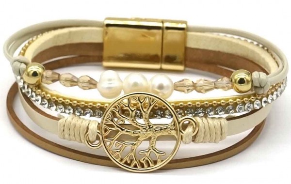 A-F6.4 B720-003 Leather Bracelet Tree of Life Beige