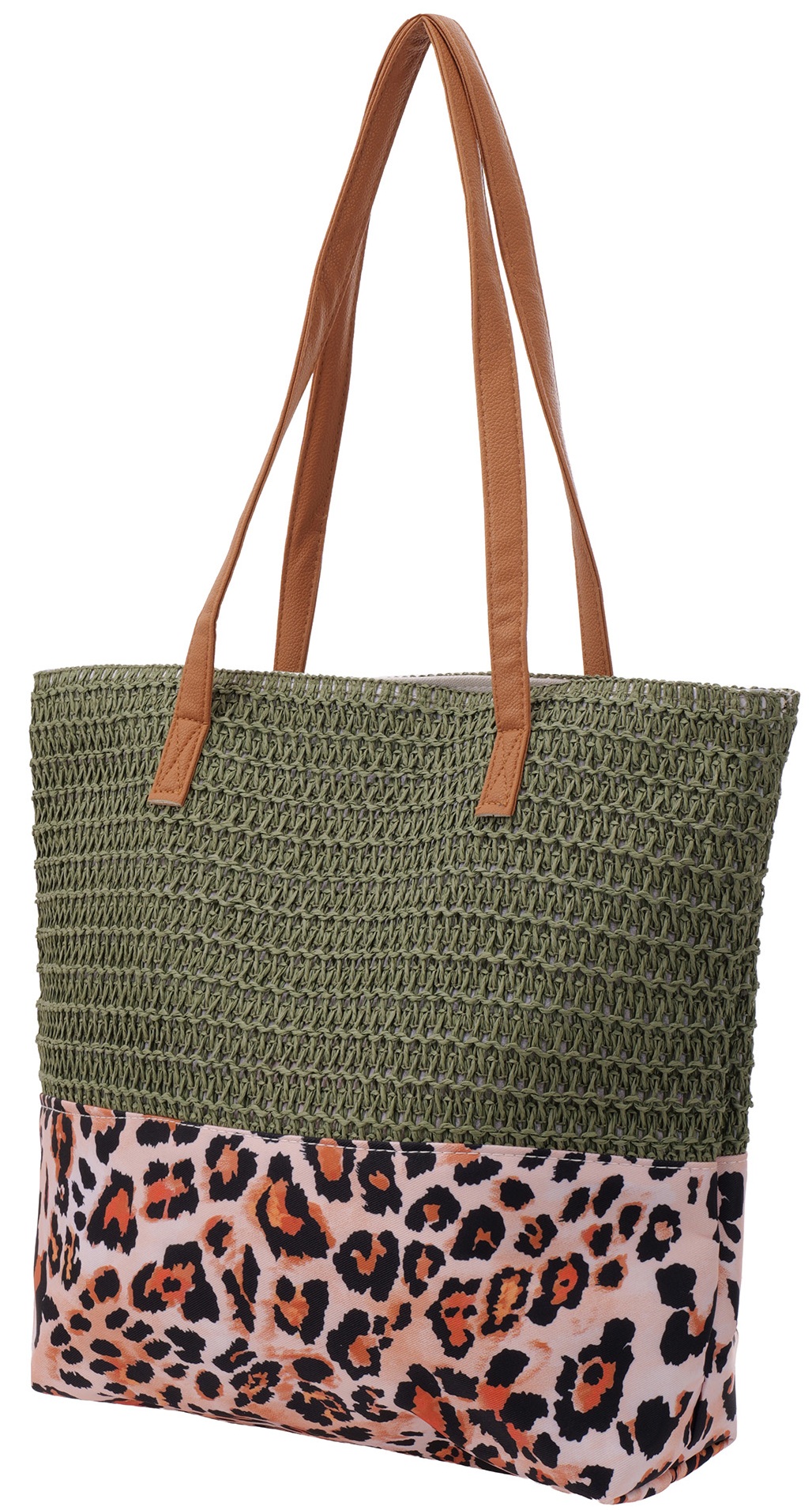 Y-B6.3 BAG1114-002-2 Beach Bag Woven Leopard 47x36x13cm Green