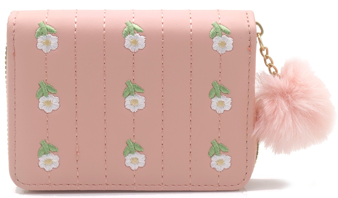 X-I4.1  WA009-019-3 PU Wallet Embroidered Flowers 12x9cm  - Pink