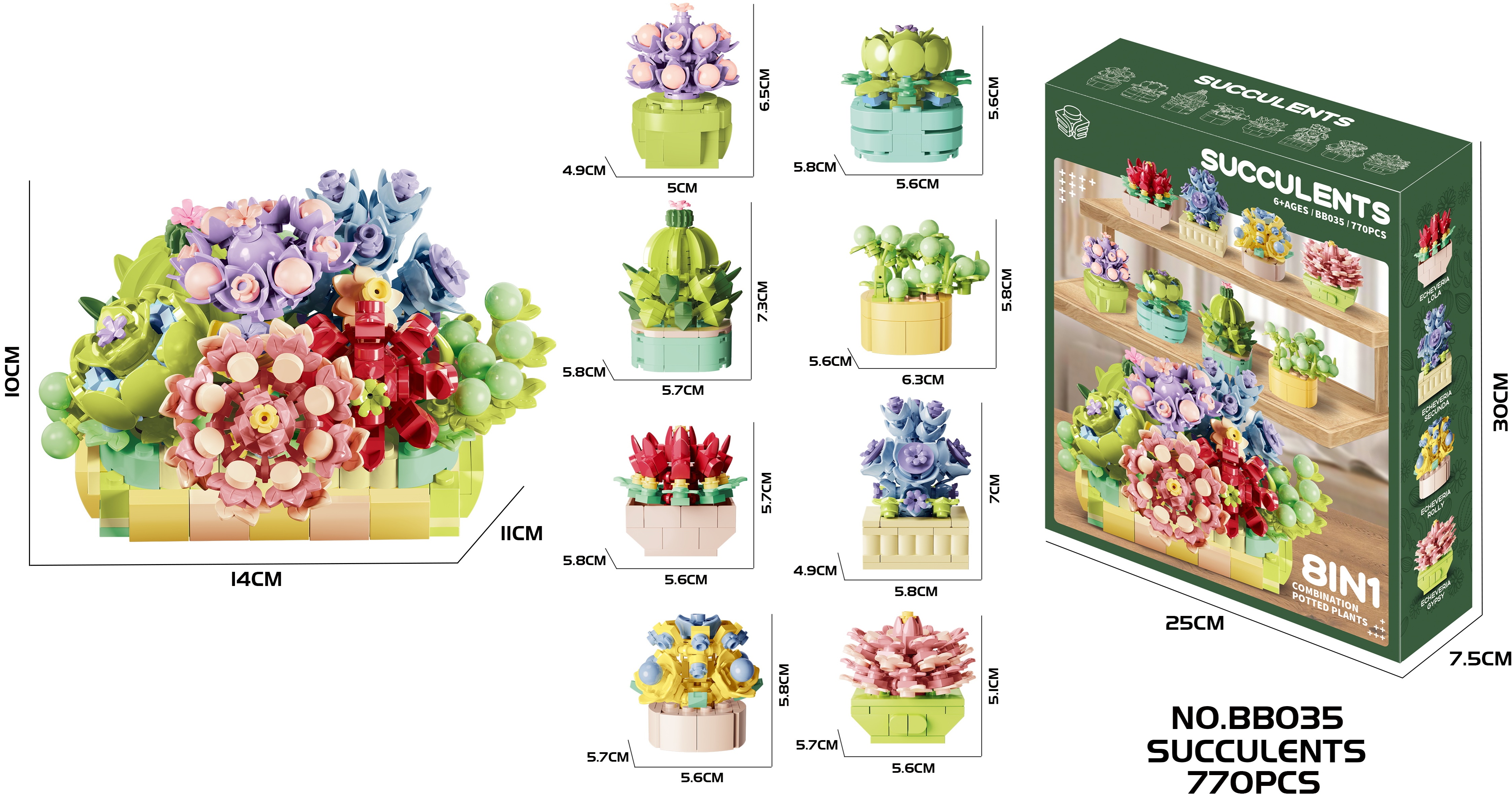 Y-F2.3 BB035 Mni Building Block Set Succulents 8 in 1  - 770pcs
