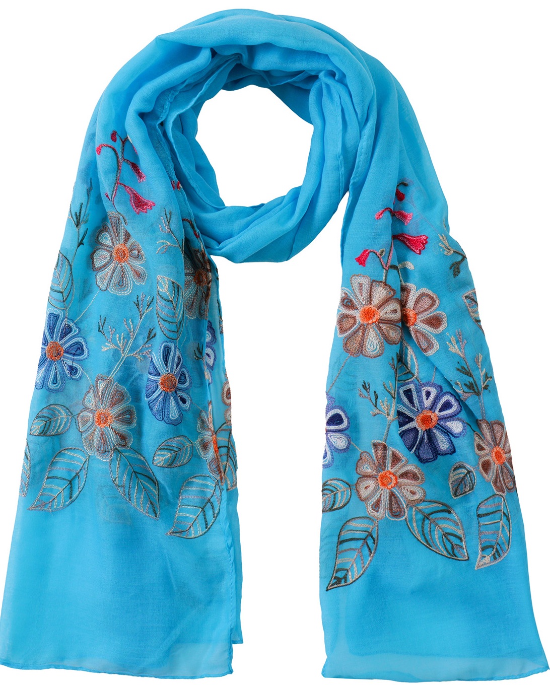 X-P6.2  SCARF1110-005-9 Scarf Embroidered Flowers 180x70cm - Blue