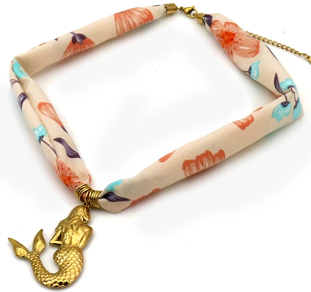 D-F2.2 N098-037 Fabric Necklace S. Steel Mermaid 40-45cm