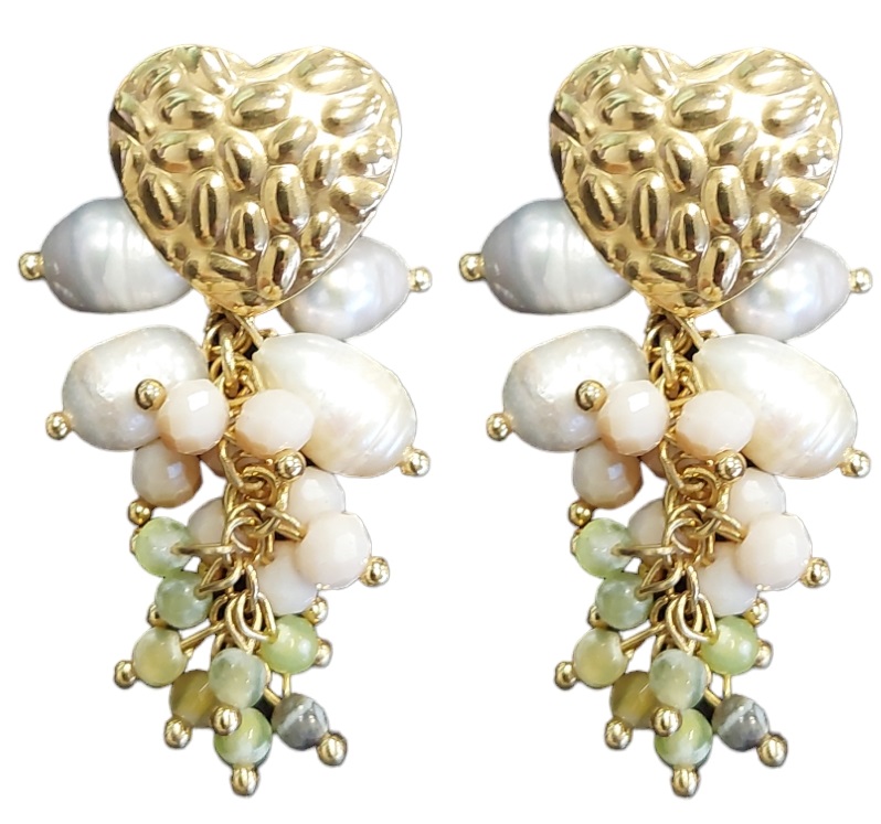 G-D5.5 E221-542 No. 3 S. Steel Earrings Pearl 4.5cm Green