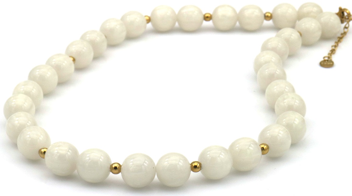 A-B13.1 N1144-008-1 S. Steel Necklace 10mm Beads 40-45cm White