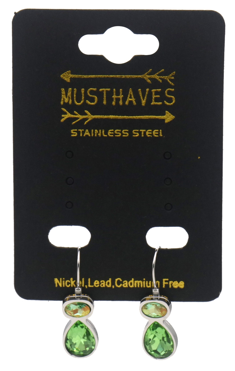 H-E4.1 E25106-042S-3 S. Steel Earrings Crystals 2.5cm Green