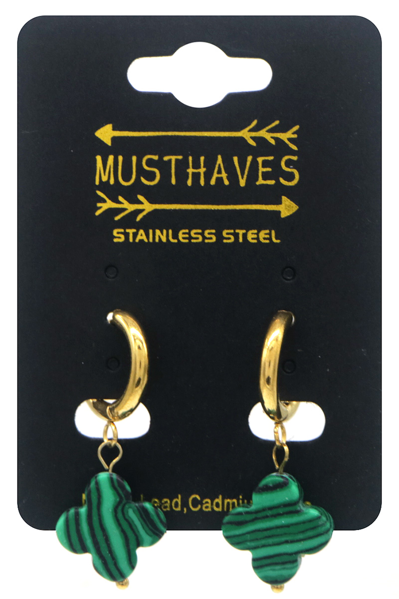 E-A6.2 E2431-058-4 S. Steel Earring Stone Clover 3cm Green