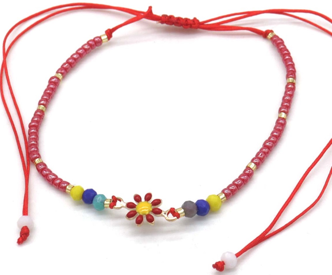 D-A19.2  ANK830-008-2 Anklet Glassbeads Flower Red