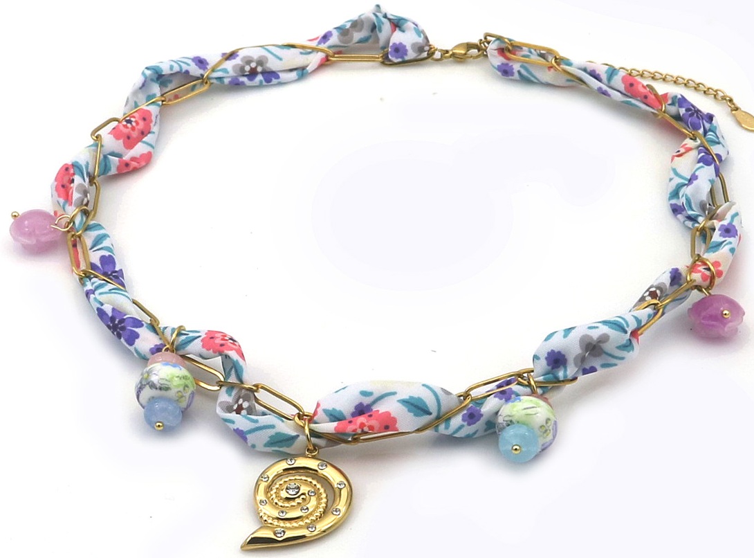 D-D25.1 N098-036 Fabric Necklace S. Steel Charms 40-45cm