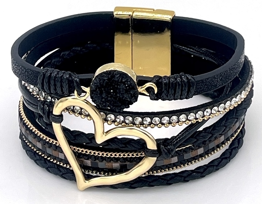 D-B3.1 B1138-001-1 Leather Bracelet Heart 18x3cm Black