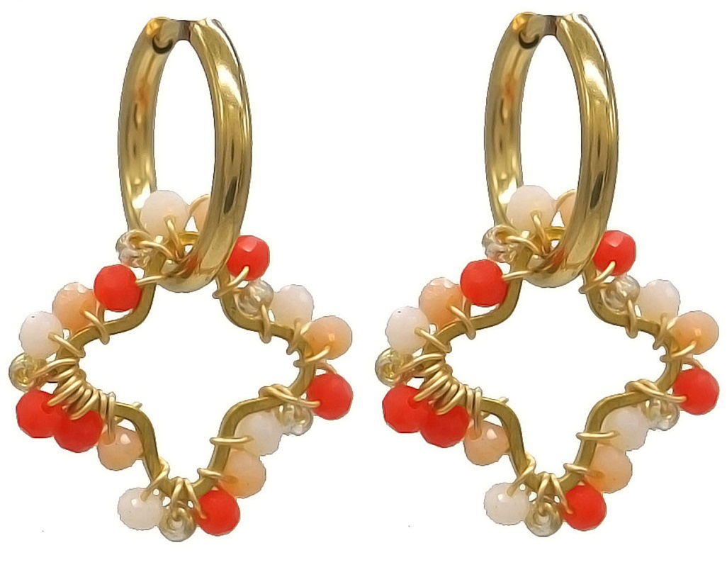 C-A4.1 E221-491 S. Steel Earrings Glassbeads Clover 2.6cm Orange