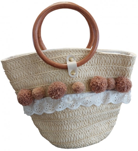 Y-A3.1  BAG001A-006 Bag Woven with Pompons 28x20x10cm Beige