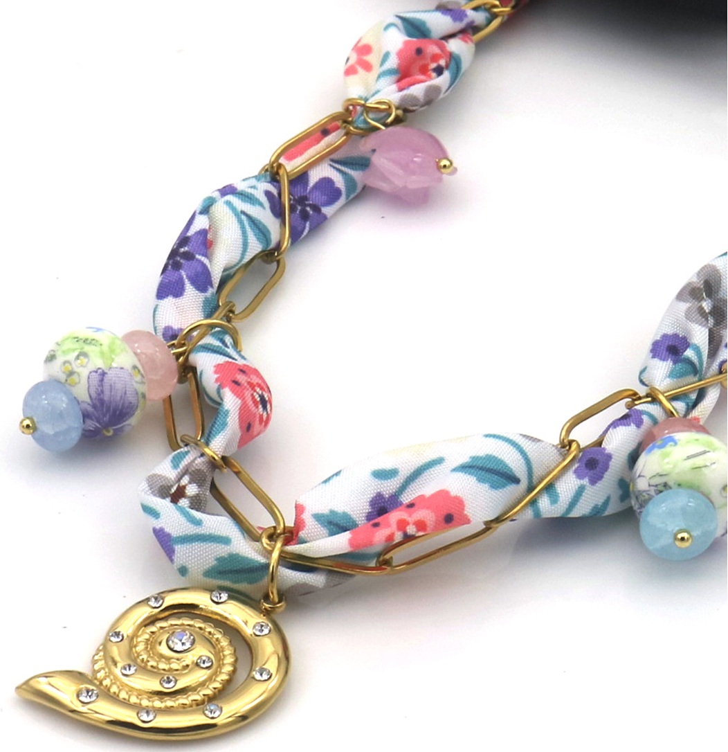 D-D25.1 N098-036 Fabric Necklace S. Steel Charms 40-45cm