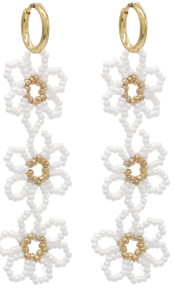 B-C16.1 E221-447 No.6 S. Steel Earrings Glass Flowers 8cm White