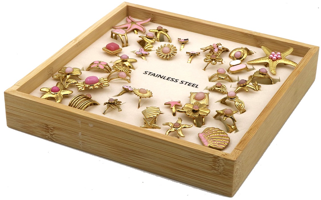 C-D13.1 R221-316-2 S. Steel Rings Adjustable in Display - 36pcs Pink