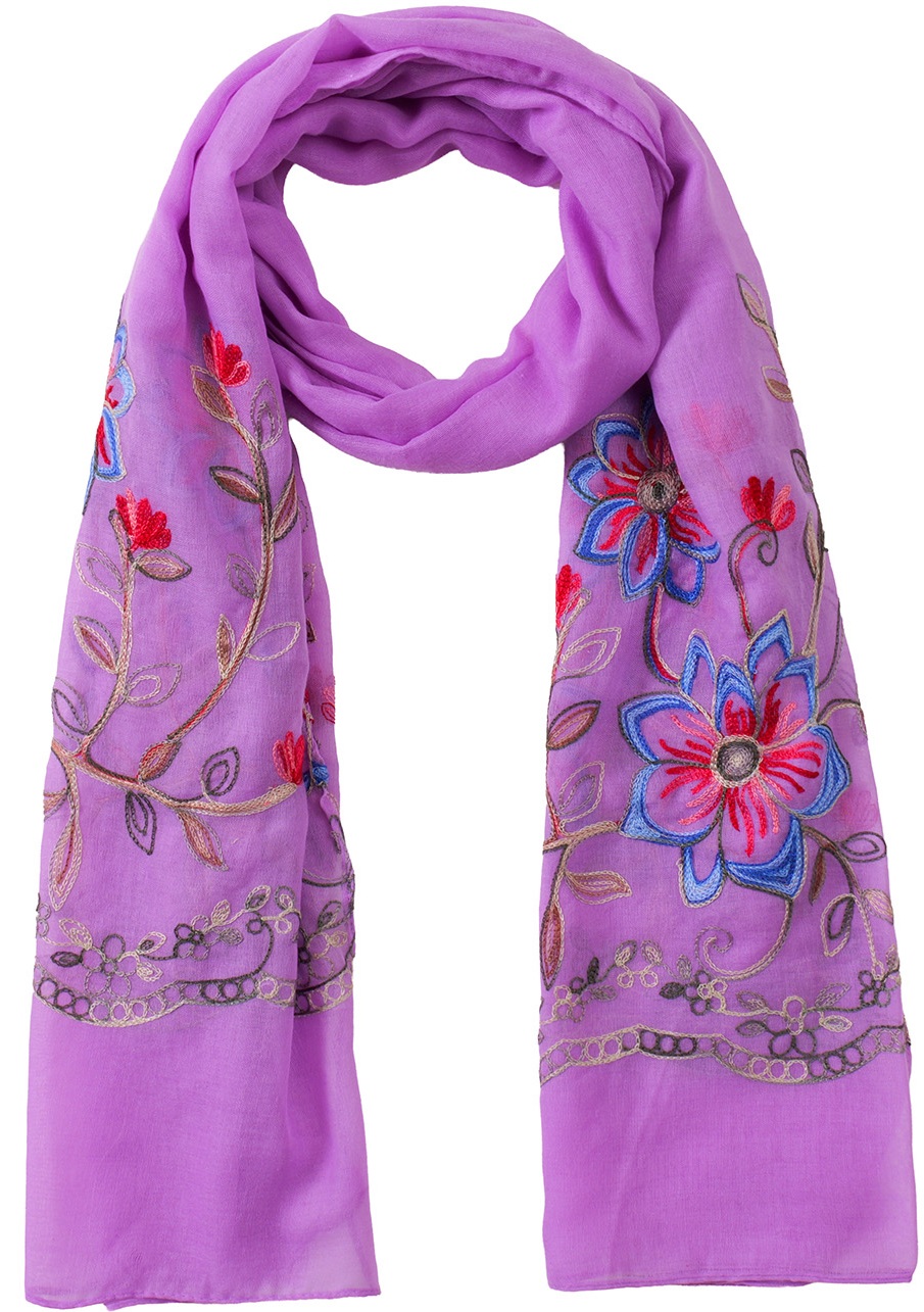 X-P1.2 SCARF1110-033-7 Scarf Embroidered Flowers 180x70cm - Purple