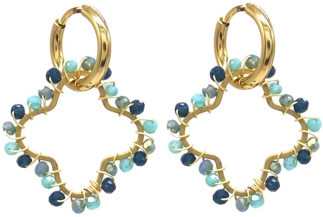 B-F17.2 E221-491 S. Steel Earrings Glassbeads Clover 3cm Blue