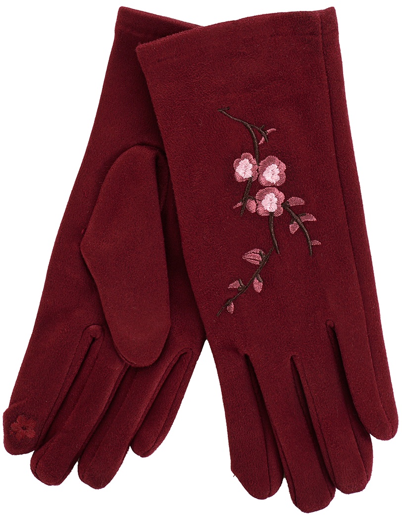 X-A3.2  GLOVES704-021-4 Gloves Embroidered Flowers Burgundy